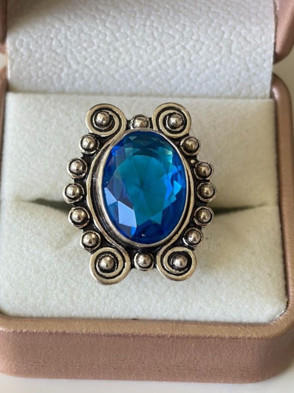 Simulated Electric Blue Oval Stone Statement Ring 925 Silver Plated - Size 6.75
